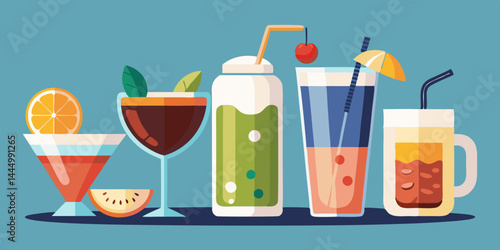 Beverage collection of coffee cup, tea mug, smoothie glass, soda can, and cocktail drink. Flat vector illustration of popular drinks set for cafe, restaurant, and menu design.

