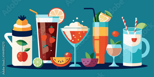 Beverage collection of coffee cup, tea mug, smoothie glass, soda can, and cocktail drink. Flat vector illustration of popular drinks set for cafe, restaurant, and menu design.

