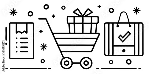 カートに追加、ウィッシュリスト、安全な支払い、チェックアウト、配送状況の追跡といったオンラインショッピングのアクティビティを示すフラットなベクターアイコンセット。アプリ、ウェブサイト、UIデザインに最適な、ミニマルなeコマースアイコンです。