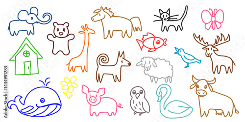 vector animals kid drawing set. Cartoon line clip art isolated on transparent background. Hand drown design element. 