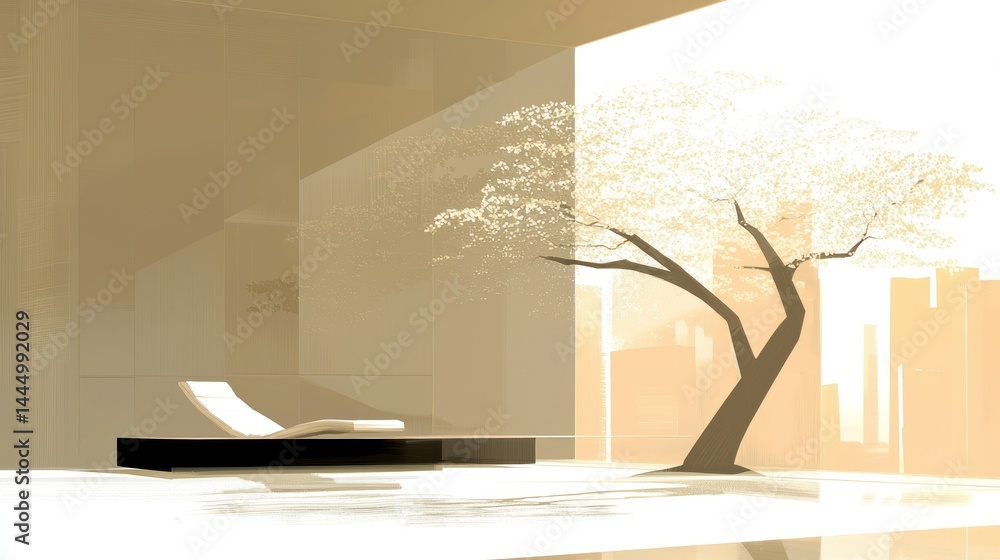Modern architectural interior features a tree and a relaxing chaise lounge Modern architectural interior features a tree and a relaxing chaise lounge