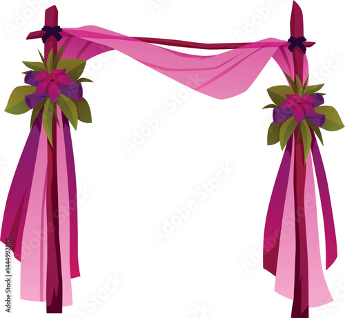 Beautiful pink tulle curtains with flowers bouquet, vector wedding ceremony altar with draped wooden arch and blossom