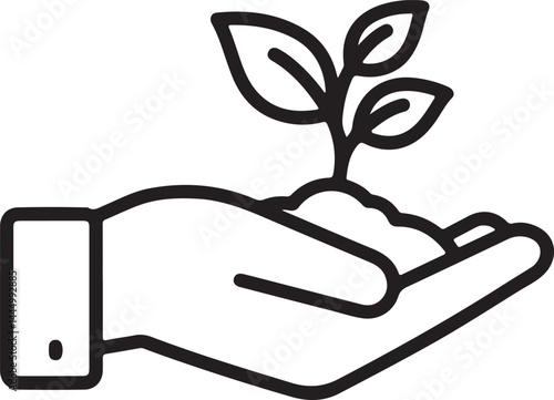Sustainable Agriculture Icon – Hand Holding Sprouting Plant in Black Outline
