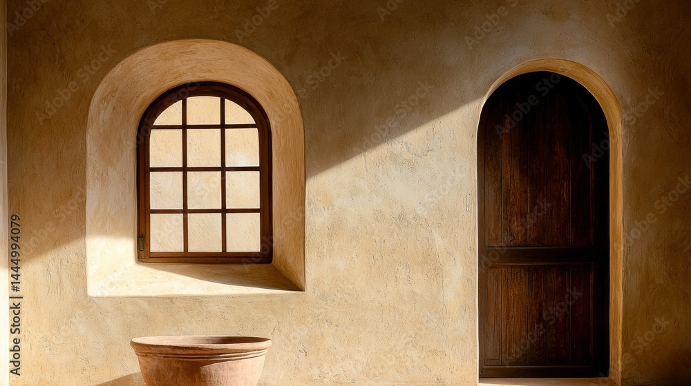 Fototapeta premium A rustic architectural detail with arched window and door frame