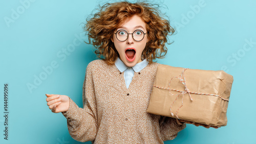 A professional graphic showing excited woman holding a box with surprise, ideal for creative, commercial, or editorial purposes.