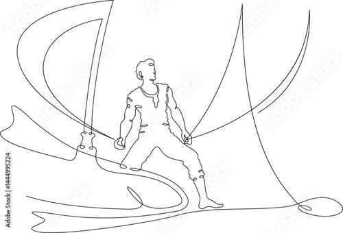 Continuous one line drawing a man stands on the deck of a yacht. A man controls a sail. A sailing vessel. Yachting.One continuous line isolated minimal illustration.Not AI.
