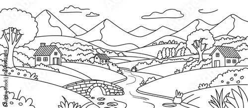Black and White Rural Landscape Coloring Page Illustration