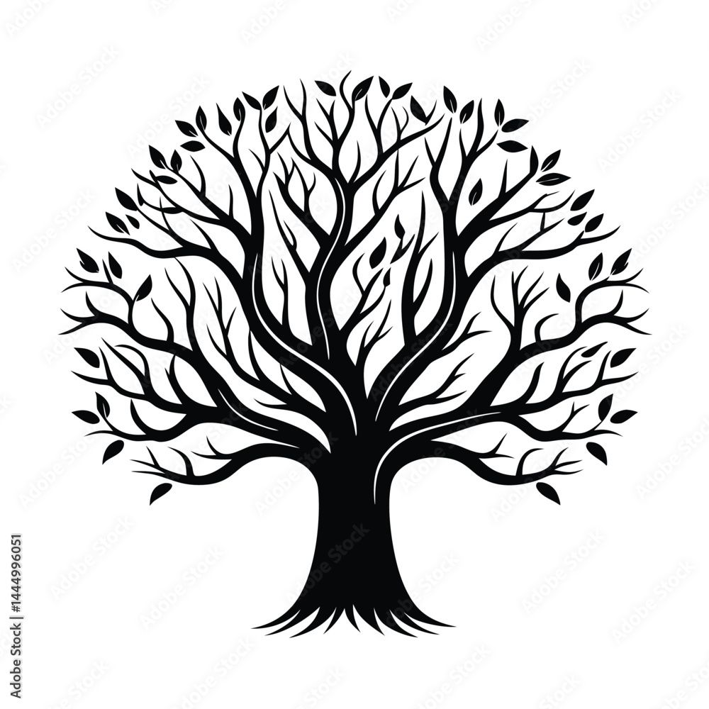Obraz premium Silhouette Round Tree Design with Branches and Leaves Isolated on White Background