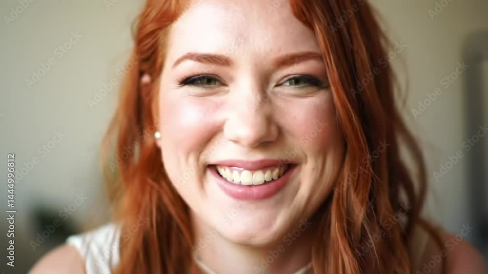 Redhead young woman smiling and laughing while looking at camera Redhead young woman smiling and laughing while looking at camera