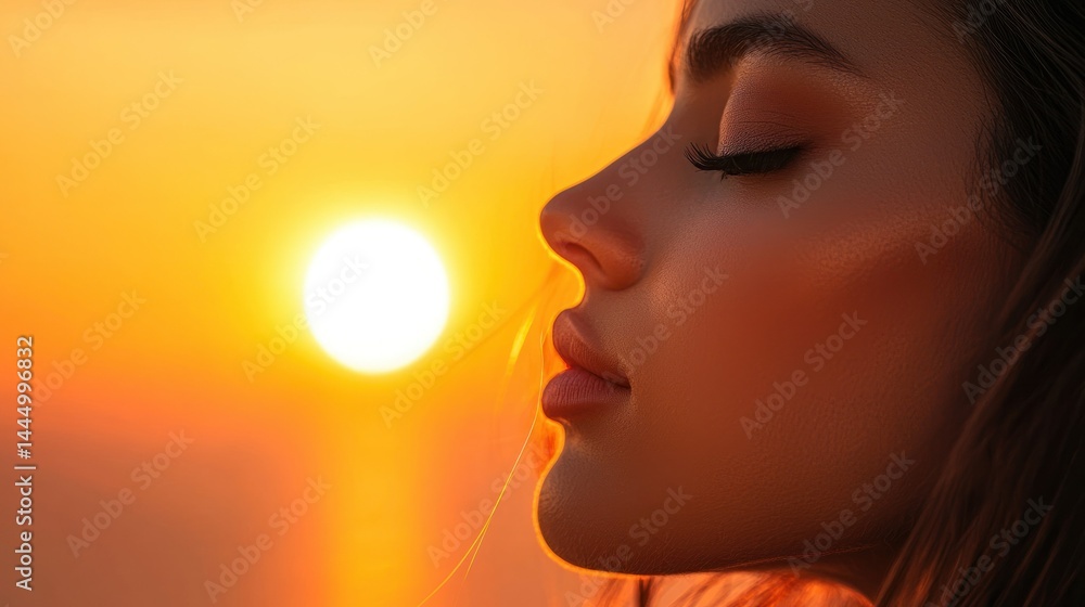 A woman with closed eyes enjoying the warm sunrise atmosphere A woman with closed eyes enjoying the warm sunrise atmosphere