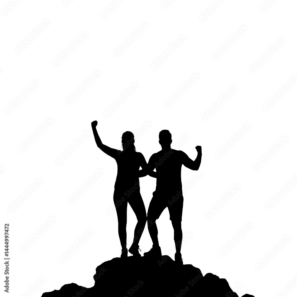 Obraz premium Silhouette of a Triumphant Couple Celebrating Success and Victory Together on a Mountain Summit with Raised Hands