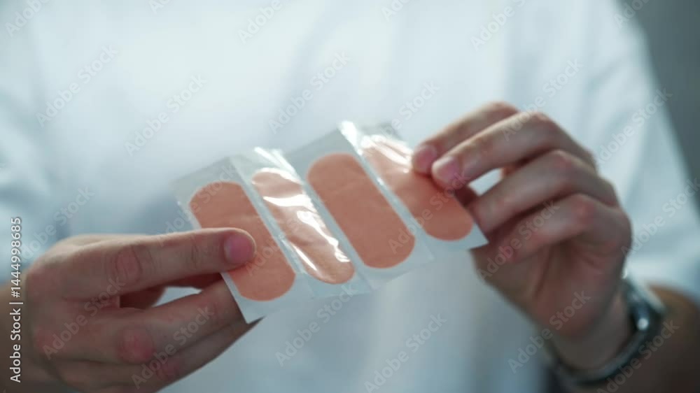 СТОКmedical plaster in a paper package.
Body plaster in a sealed package in a man's hand.
Protection for chafed feet.
Pain when walking.
Skin plaster СТОКmedical plaster in a paper package.
Body plaster in a sealed package in a man's hand.
Protection for chafed feet.
Pain when walking.
Skin plaster