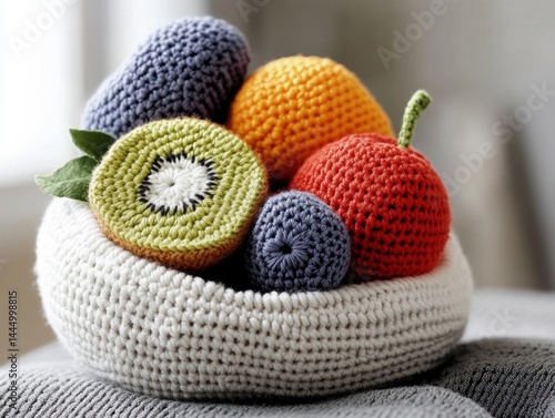 Bowl of crochet fruit made out of yarn