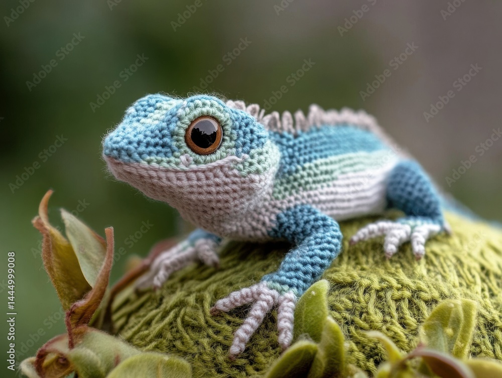 Fototapeta premium Blue and white crochet lizard is sitting on a green leaf