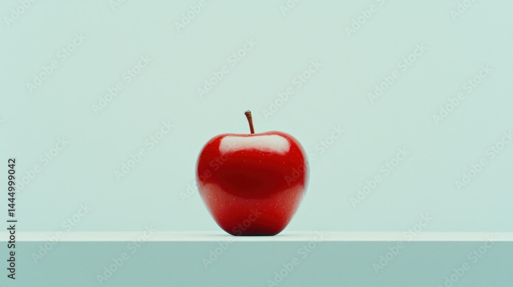 Obraz premium A solitary ripe red apple sitting on a shelf against a backdrop