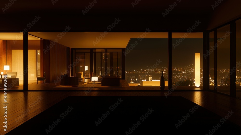 Illuminated interior overlooks a vibrant cityscape from a dark room Illuminated interior overlooks a vibrant cityscape from a dark room