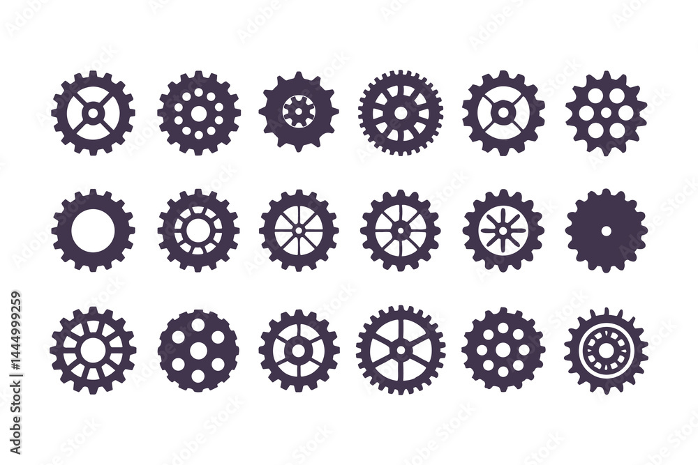Gear Icon Vector Collection. Black Cogwheels, Mechanical Engineering Symbols, Industrial Sprocket Shapes, Machinery Parts, Abstract Gearwheel and Cog Graphics Set Gear Icon Vector Collection. Black Cogwheels, Mechanical Engineering Symbols, Industrial Sprocket Shapes, Machinery Parts, Abstract Gearwheel and Cog Graphics Set