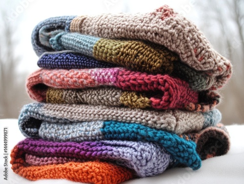 Stack of colorful knitted blankets