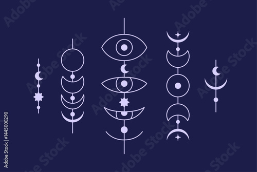 Magic esoteric line-art ornaments set. Crescent, mystic eye, moon phases, lineart decorations. Cestial astrological linear design elements with cosmic spiritual symbols. Isolated vector illustrations