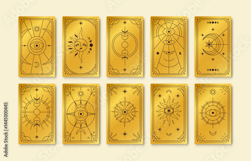 Esoteric tarot card reverse, back view, golden background designs. Celestial ...