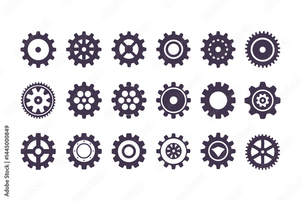 Gear Icon Vector Collection. Black Cogwheels, Mechanical Engineering Symbols, Industrial Sprocket Shapes, Machinery Parts, Abstract Gearwheel and Cog Graphics Set Gear Icon Vector Collection. Black Cogwheels, Mechanical Engineering Symbols, Industrial Sprocket Shapes, Machinery Parts, Abstract Gearwheel and Cog Graphics Set