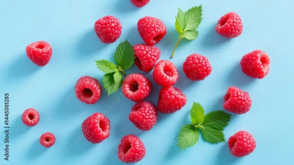 Fresh raspberries on blue background.