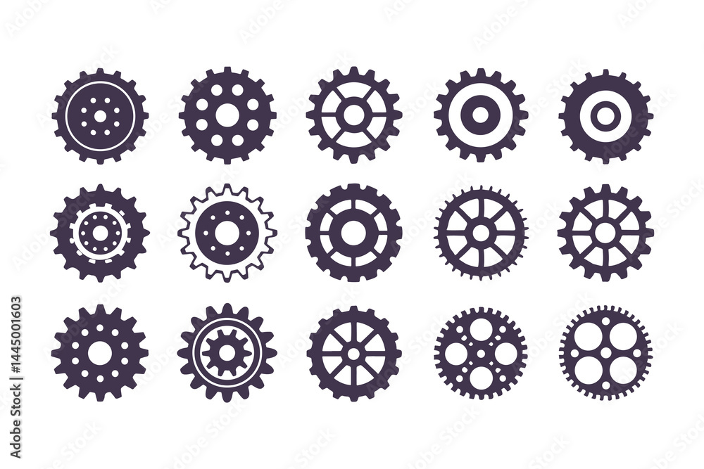Gear Icon Vector Collection. Black Cogwheels, Mechanical Engineering Symbols, Industrial Sprocket Shapes, Machinery Parts, Abstract Gearwheel and Cog Graphics Set Gear Icon Vector Collection. Black Cogwheels, Mechanical Engineering Symbols, Industrial Sprocket Shapes, Machinery Parts, Abstract Gearwheel and Cog Graphics Set