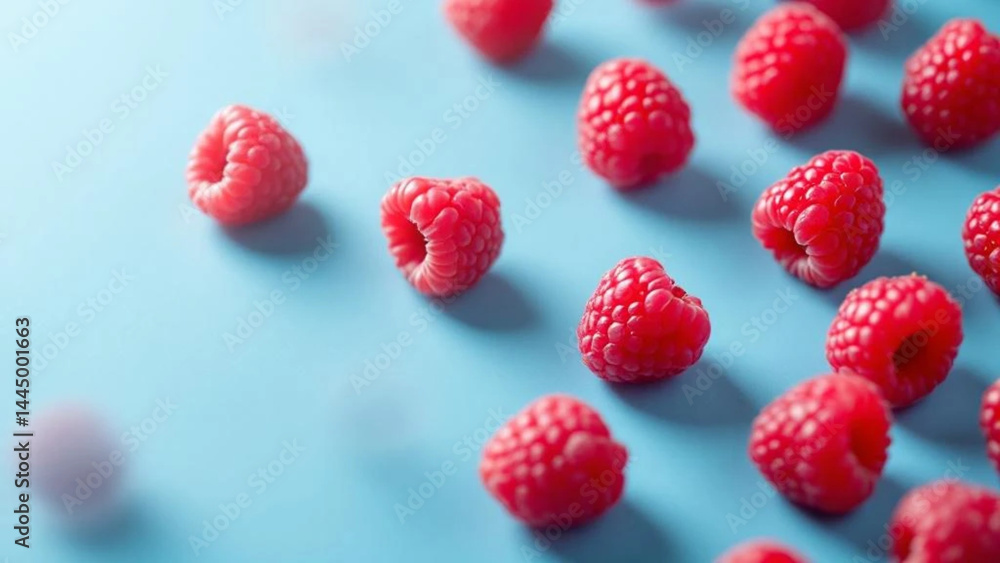 Fresh raspberries on blue background.