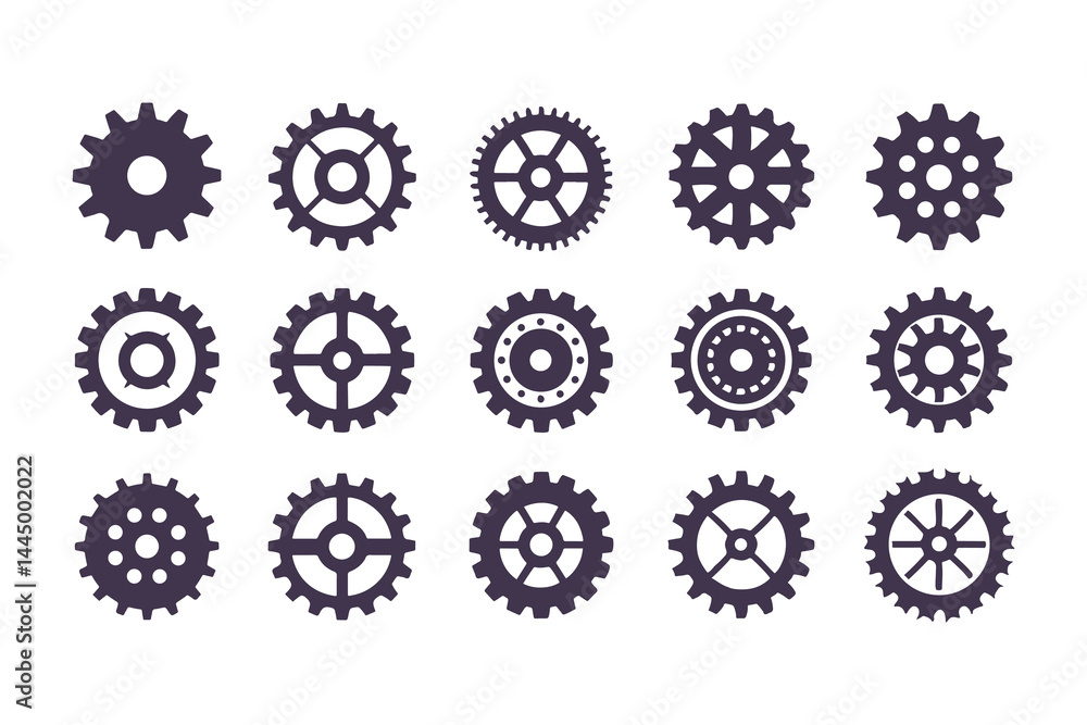 Gear Icon Vector Collection. Black Cogwheels, Mechanical Engineering Symbols, Industrial Sprocket Shapes, Machinery Parts, Abstract Gearwheel and Cog Graphics Set Gear Icon Vector Collection. Black Cogwheels, Mechanical Engineering Symbols, Industrial Sprocket Shapes, Machinery Parts, Abstract Gearwheel and Cog Graphics Set