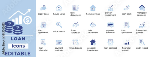 Editable loan vector icons for banking, finance, and lending projects with clean, modern, and professional line design