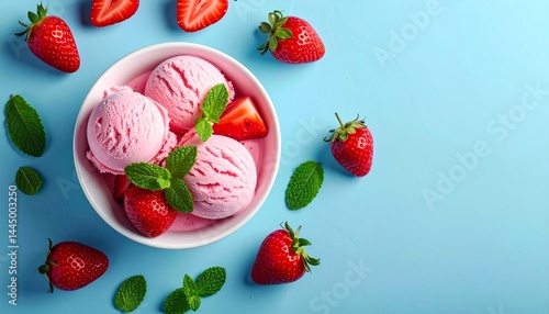 Top-down view of strawberry ice cream in a bowl