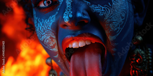 A vivid depiction of fierce artistic portrait of goddess kali with blue skin, ideal for creative, commercial, or editorial purposes.