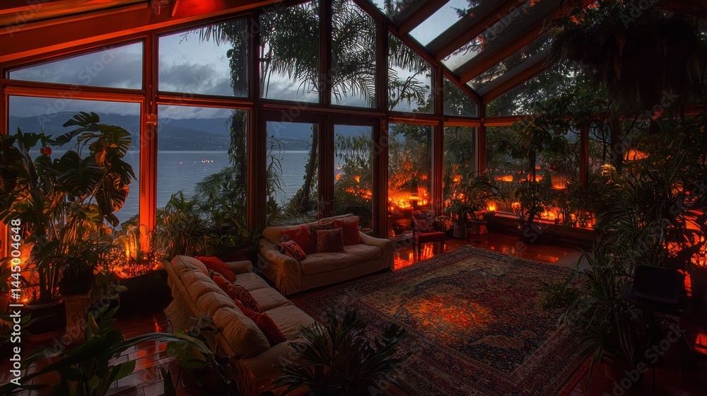 Fototapeta premium A Cozy Glass House Interior Overlooking a Calm Body of Water