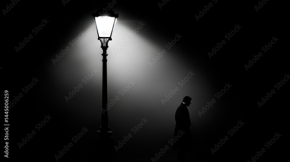 Obraz premium A solitary figure standing near a lamppost in the darkness