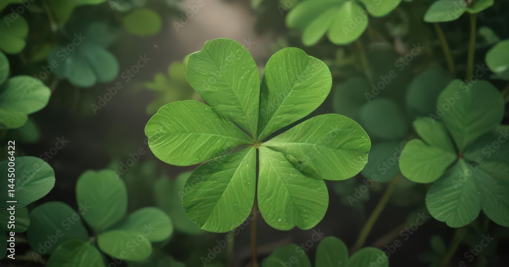 Close-up of a single four-leaf clover, lush green leaves, vibrant, four leaves Close-up of a single four-leaf clover, lush green leaves, vibrant, four leaves