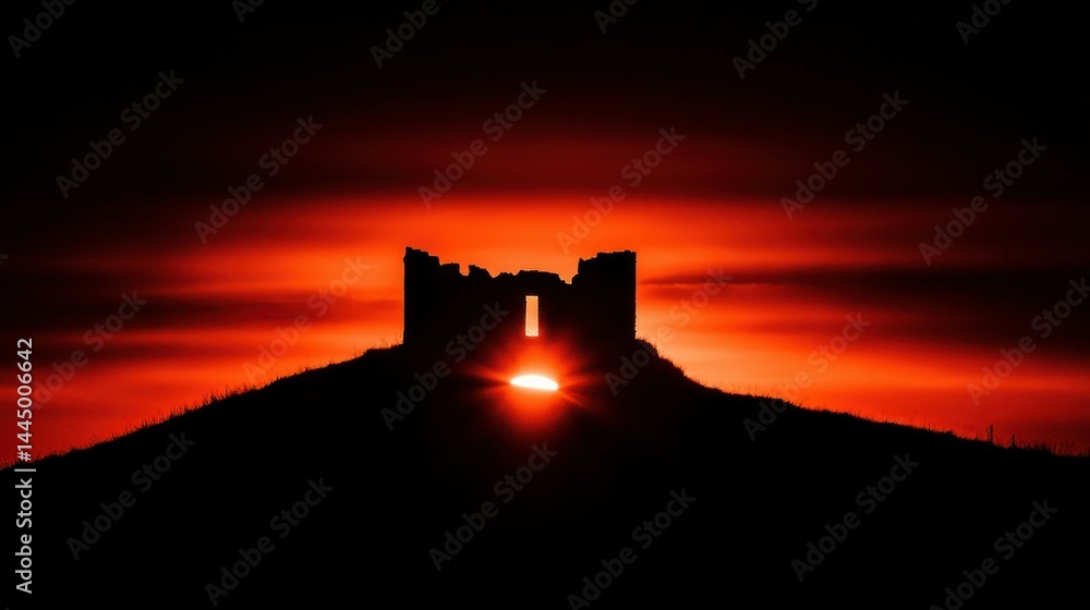 Obraz premium A crumbling castle silhouette positioned before a brilliant red sunset
