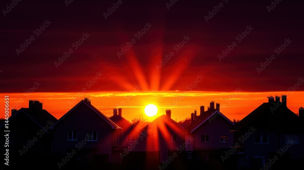 Majestic sunset over a residential area casting warm vibrant colors Majestic sunset over a residential area casting warm vibrant colors