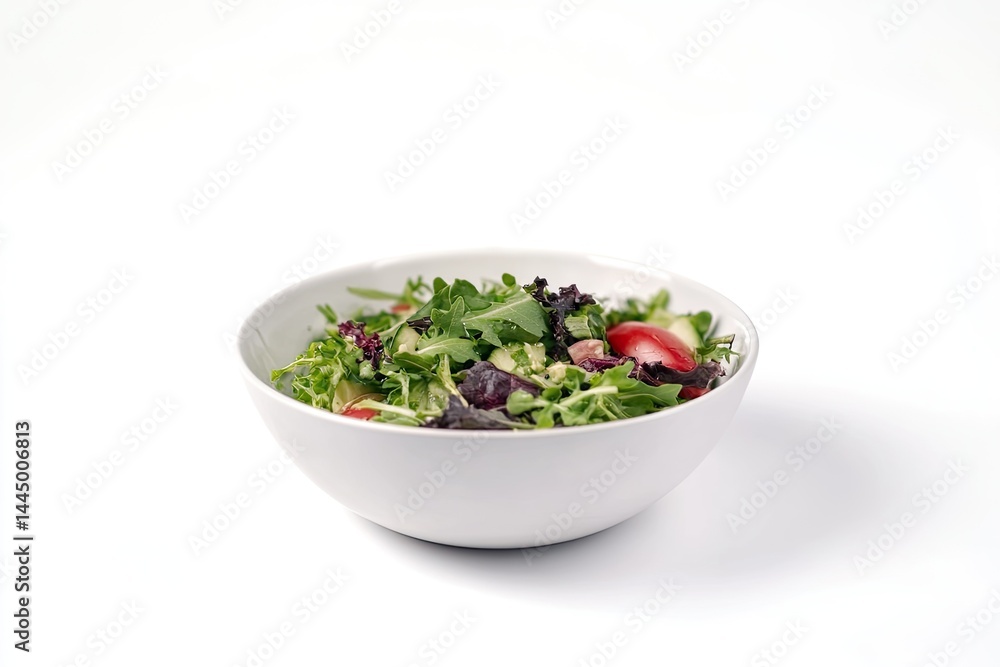 Fresh mixed greens salad in a white bowl A healthy and vibrant salad with various leafy greens, and tomatoes Fresh mixed greens salad in a white bowl A healthy and vibrant salad with various leafy greens, and tomatoes