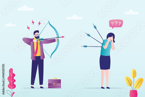 Business betrayal or backstab concept. Businessman traitor uses bow, arrows and shoots female colleague. Businesswoman hit by arrows, business failure.
