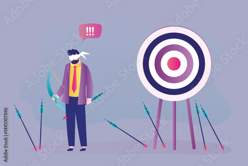 Unhappy businessman with blindfold. Archery, target with arrows. Shooting sports game competition. Wrong business goals, wrong strategies and failure metaphor.