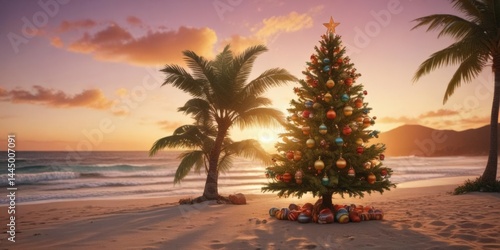 Wallpaper Mural Isolated Christmas tree adorned with colorful ornaments, set against a vibrant tropical sunset ,  christmas vibe,  tropical,  winter escape Torontodigital.ca