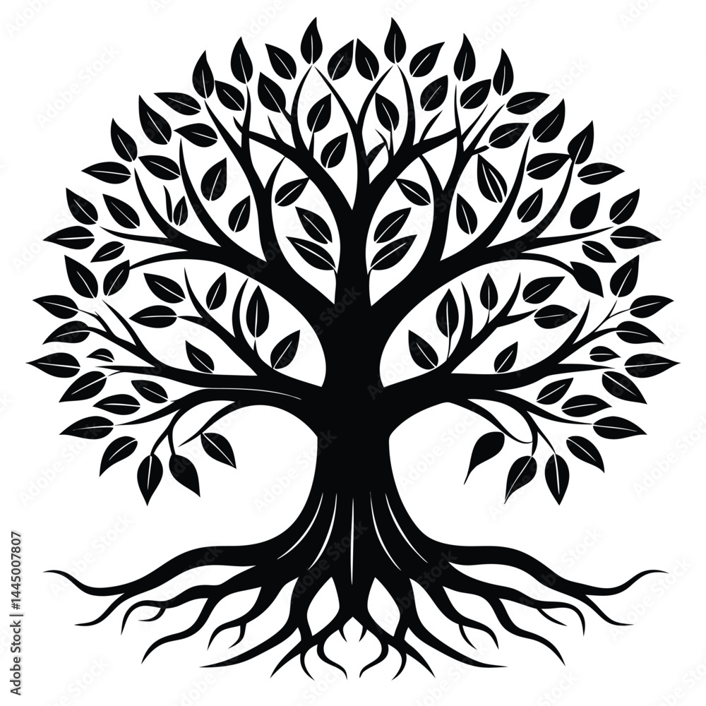 Obraz premium Silhouette Tree with Leaves and Roots, Black and White Isolated Illustration, Simple Shape