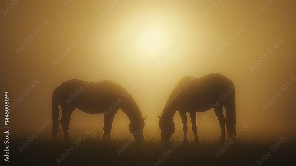 Two horses graze together in the misty golden morning Two horses graze together in the misty golden morning
