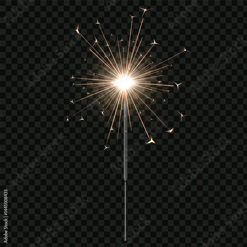 Realistic burning bengal light, sparkler vector illustration, sparkling bang on the stick, bursting firework explosion