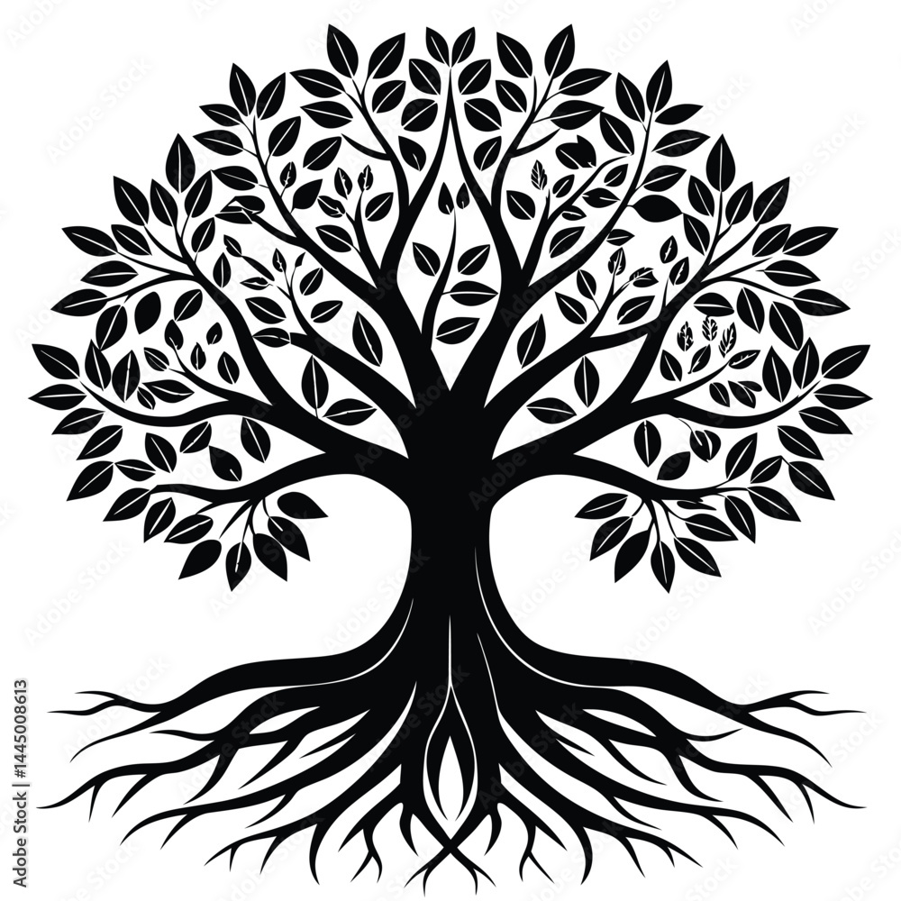 Obraz premium Silhouette Tree With Leaves And Roots, Branching Tree Outline, Minimalist Elegant