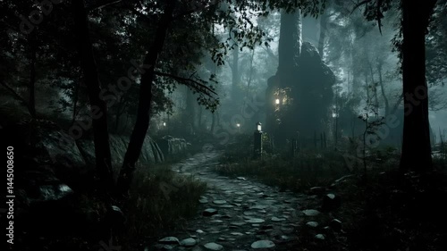 Mysterious dark forest path with glowing lanterns, an eerie nighttime scene.