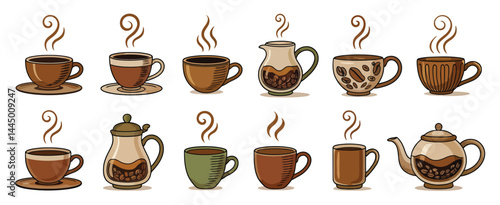 Assortment of Coffee Cups Mugs and Pots with Steam