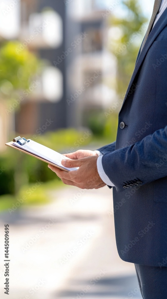 Real Estate Agent Holding House Keys and Clipboard Outside a Modern Home in Bright Daylight Real Estate Agent Holding House Keys and Clipboard Outside a Modern Home in Bright Daylight