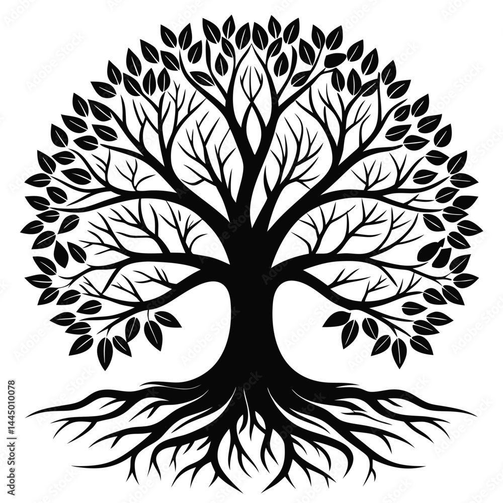 Obraz premium Silhouette Tree with Roots and Leaves, Isolated Black on White