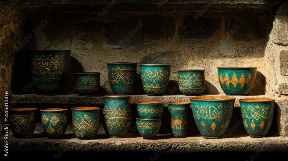 Fototapeta premium Assortment of Decorative Pots Displayed on a Stone Ledge